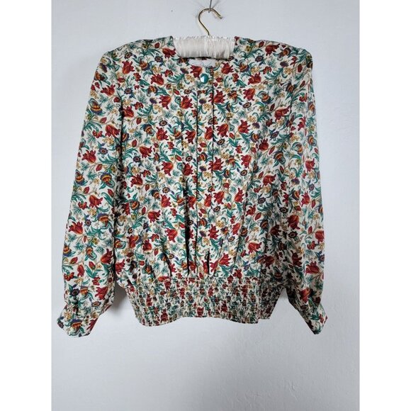 Vintage Schrader Sport Womens Size 14 Multicolor Smocked Waist Flower Blouse Top - Picture 1 of 6